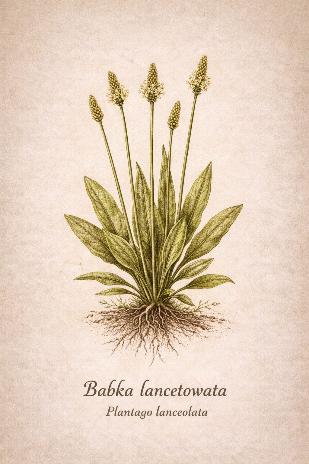 Babka lancetowata (Plantago lanceolata) – ilustracja botaniczna Zielone Serce