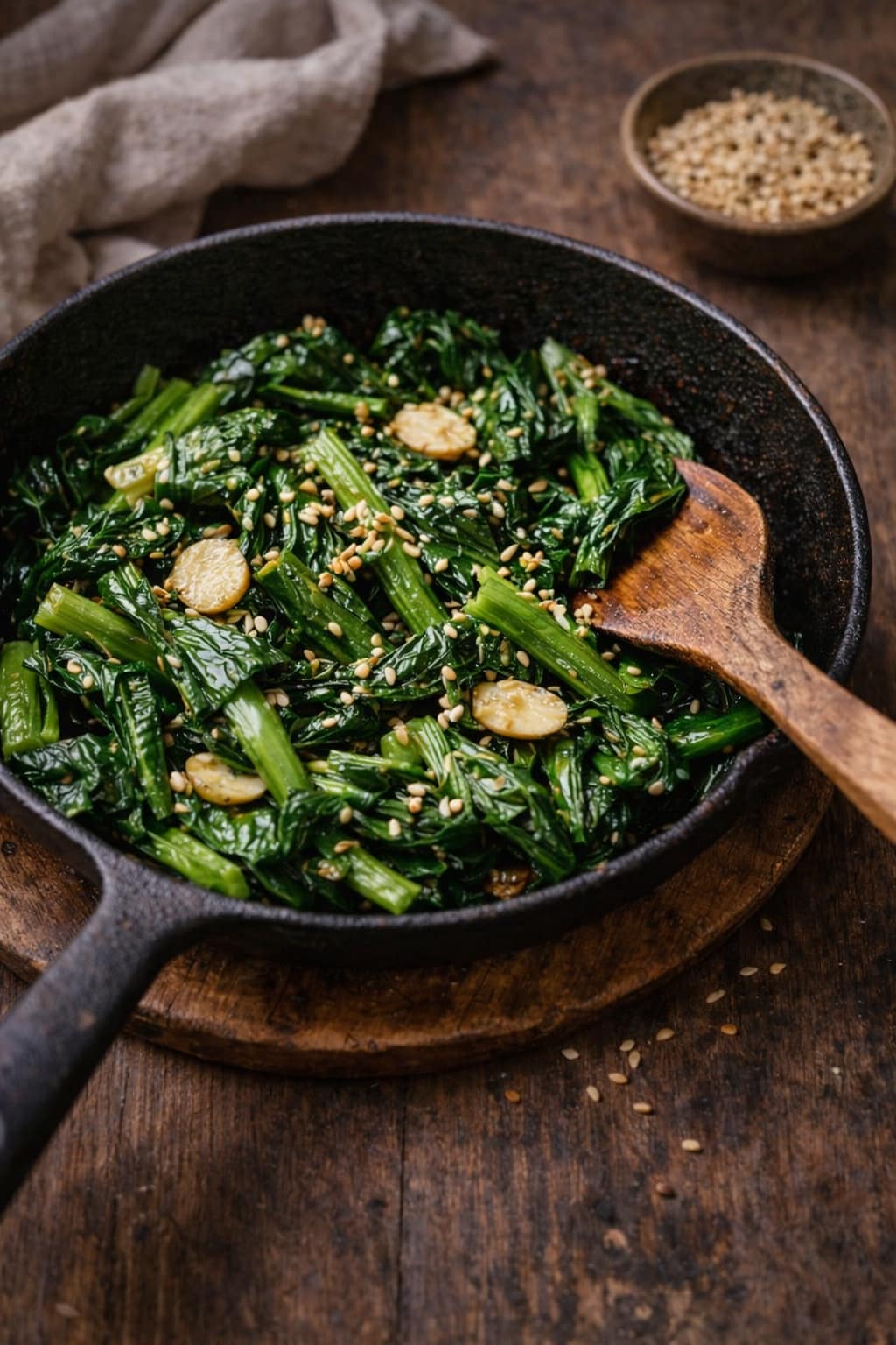 Komatsuna smażona na patelni z czosnkiem i sezamem