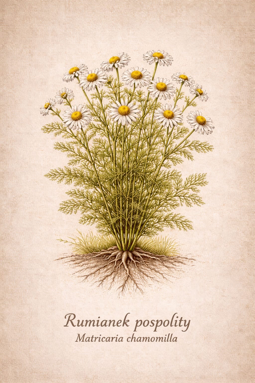 Rumianek pospolity (Matricaria chamomilla) – ilustracja botaniczna Zielone Serce