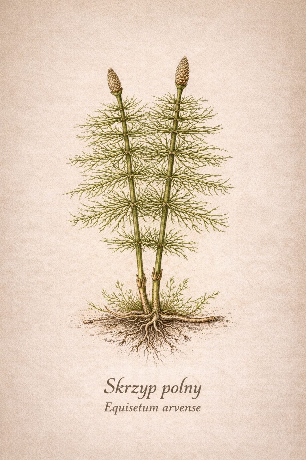 Skrzyp polny (Equisetum arvense) – ilustracja botaniczna Zielone Serce